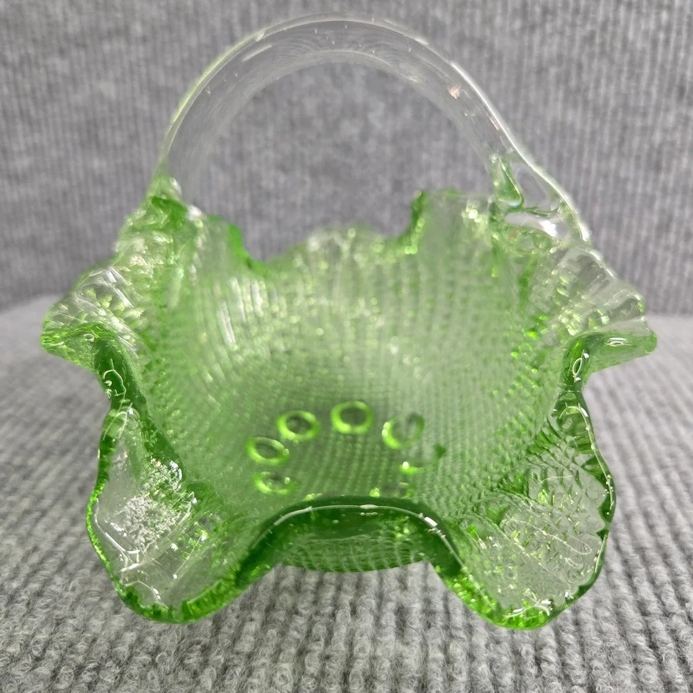 Fenton Green Glass Basket Handled Pinched Edge Hobnail Basket Dish